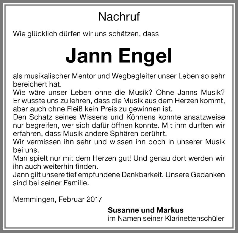  Traueranzeige für Jann Engel vom 04.02.2017 aus Memminger Zeitung