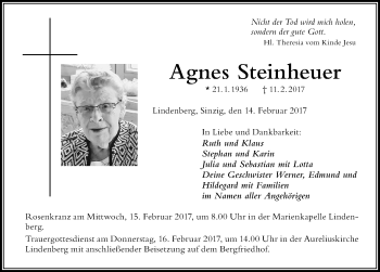 Traueranzeige von Agnes Steinheuer von Der Westallgäuer