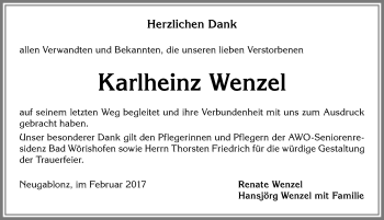 Traueranzeige von Karlheinz Wenzel von Allgäuer Zeitung, Kaufbeuren/Buchloe