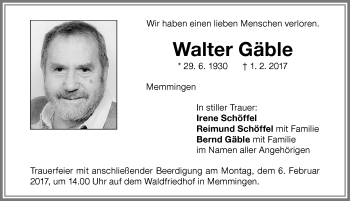 Traueranzeige von Walter Gäble von Memminger Zeitung