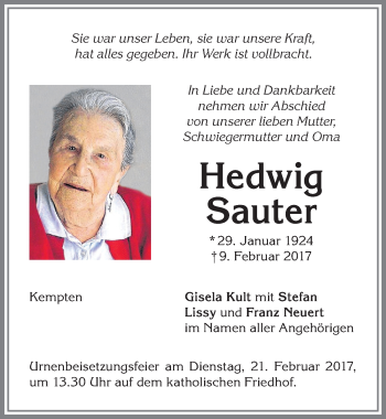 Traueranzeige von Hedwig Sauter von Allgäuer Zeitung,Kempten