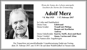 Traueranzeige von Adolf Merz von Allgäuer Zeitung, Füssen
