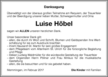 Traueranzeige von Luise Höbel von Memminger Zeitung