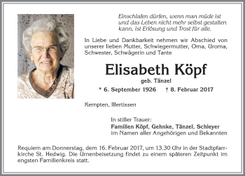 Traueranzeige von Elisabeth Köpf von Allgäuer Zeitung,Kempten