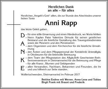 Traueranzeige von Anni Rapp von Allgäuer Zeitung