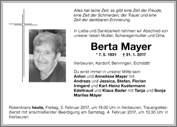 Traueranzeige von Berta Mayer von Memminger Zeitung