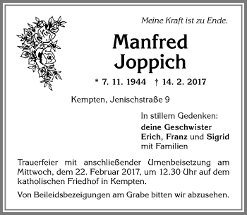Traueranzeige von Manfred Joppich von Allgäuer Zeitung,Kempten