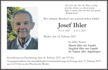 Traueranzeige von Josef Ihler von Der Westallgäuer