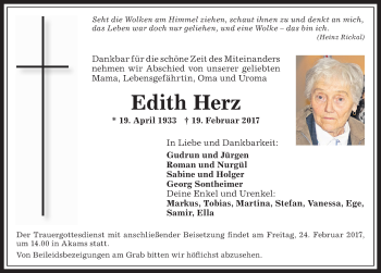 Traueranzeige von Edith Herz von Allgäuer Anzeigeblatt