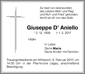 Traueranzeige von Giuseppe D´Aniello von Memminger Zeitung
