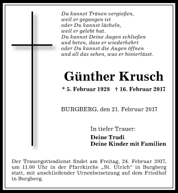 Traueranzeige von Günther Krusch von Allgäuer Anzeigeblatt