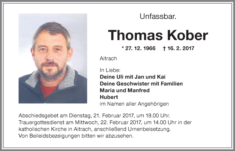  Traueranzeige für Thomas Kober vom 20.02.2017 aus Memminger Zeitung