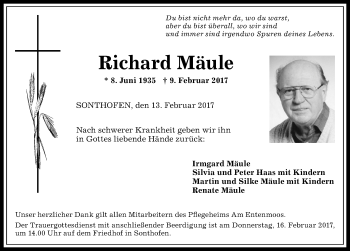 Traueranzeige von Richard Mäule von Allgäuer Anzeigeblatt