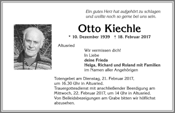 Traueranzeige von Otto Kiechle von Allgäuer Zeitung,Kempten