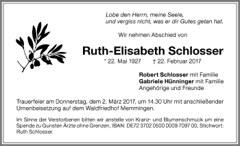 Traueranzeige von Ruth-Elisabeth Schlosser von Memminger Zeitung