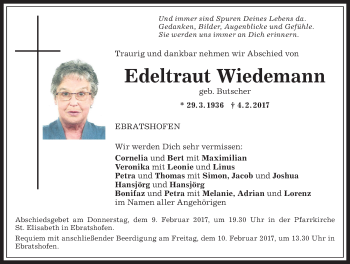 Traueranzeige von Edeltraut Wiedemann von Allgäuer Anzeigeblatt