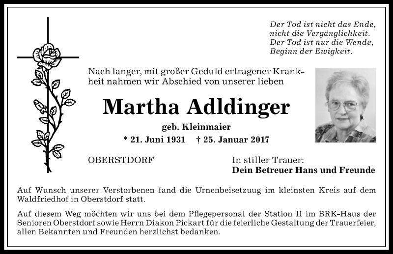  Traueranzeige für Martha Adldinger vom 15.02.2017 aus Allgäuer Anzeigeblatt