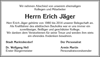 Traueranzeige von Erich Jäger von Allgäuer Zeitung, Marktoberdorf