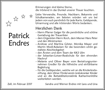 Traueranzeige von Patrick Endres von Memminger Zeitung