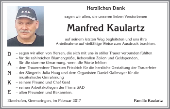 Traueranzeige von Manfred Kaulartz von Allgäuer Zeitung, Kaufbeuren/Buchloe
