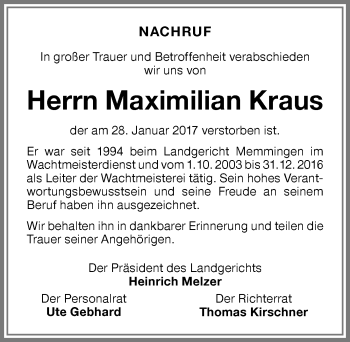 Traueranzeige von Maximilian Kraus von Memminger Zeitung