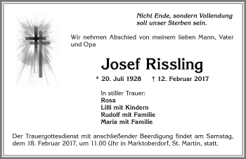 Traueranzeige von Josef Rissling von Allgäuer Zeitung, Marktoberdorf