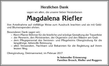 Traueranzeige von Magdalena Riefler von Allgäuer Zeitung