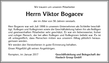 Traueranzeige von Viktor Bogacev von Allgäuer Zeitung,Kempten