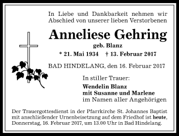 Traueranzeige von Anneliese Gehring von Allgäuer Anzeigeblatt