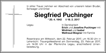 Traueranzeige von Siegfried Puchinger von Memminger Zeitung