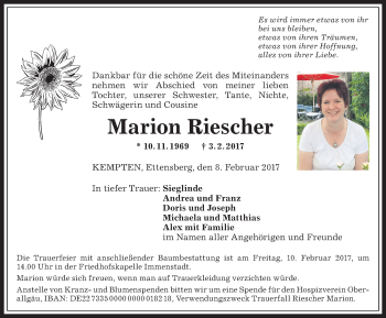 Traueranzeige von Marion Riescher von Allgäuer Zeitung