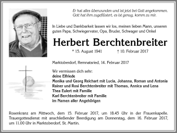 Traueranzeige von Herbert Berchtenbreiter von Allgäuer Zeitung, Marktoberdorf