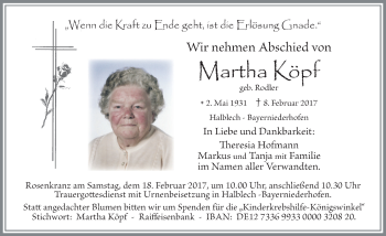 Traueranzeige von Martha Köpf von Allgäuer Zeitung, Füssen