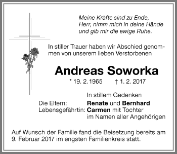 Traueranzeige von Andreas Soworka von Memminger Zeitung