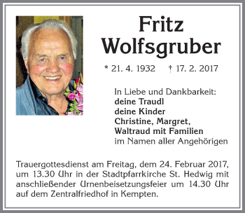 Traueranzeige von Fritz Wolfsgruber von Allgäuer Zeitung,Kempten