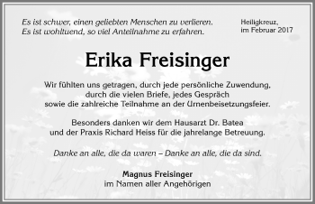 Traueranzeige von Erika Freisinger von Allgäuer Zeitung,Kempten
