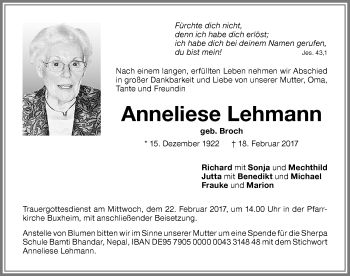 Traueranzeige von Anneliese Lehmann von Memminger Zeitung