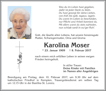 Traueranzeige von Karolina Moser von Allgäuer Zeitung,Kempten