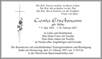 Traueranzeige von Centa Etschmann von Allgäuer Zeitung, Füssen