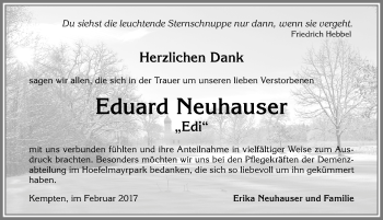 Traueranzeige von Eduard Neuhauser von Allgäuer Zeitung,Kempten