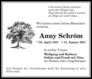 Traueranzeige von Anny Schröm von Allgäuer Anzeigeblatt
