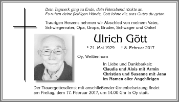 Traueranzeige von Ulrich Gött von Allgäuer Zeitung,Kempten