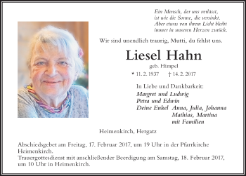 Traueranzeige von Liesel Hahn von Der Westallgäuer