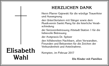 Traueranzeige von Elisabeth Wahl von Allgäuer Zeitung,Kempten