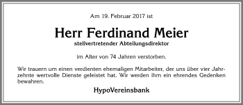 Traueranzeige von Ferdinand Meier von Allgäuer Zeitung,Kempten