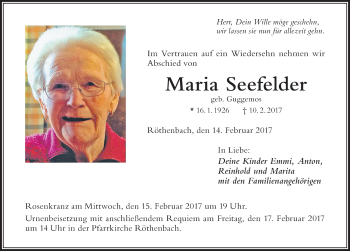 Traueranzeige von Maria Seefelder von Der Westallgäuer