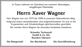 Traueranzeige von Xaver Wagner von Allgäuer Zeitung, Marktoberdorf