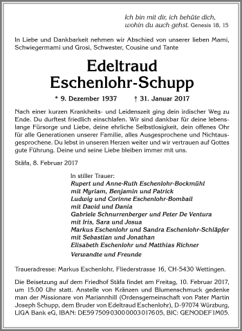 Traueranzeige von Edeltraud Eschenlohr-Schupp von Allgäuer Zeitung, Kaufbeuren/Buchloe