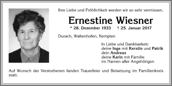 Traueranzeige von Ernestine Wiesner von Allgäuer Zeitung,Kempten