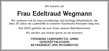 Traueranzeige von Edeltraud Wegmann von Allgäuer Zeitung,Kempten